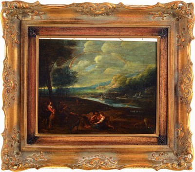 Unbekannter Künstler, Niederlande, 19. Jh., Romantische Landschaft mit Regenbogen und Personen, Öl/Holz, unsigniert, ca. 20x25cm, R. ca. 33x38cm