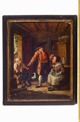 Unbekannter niederländischer Künstler, um 1820/30, zwei Pendants in der Stube, Ehepaar beim Geldzählen mit Kleinkind und Großmutter mit Mann, ...