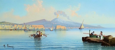 Maria Gianni, 1873 - 1956,Küste von Neapel mit Blick auf den Vesuv, Gouache/Papier, li. u. signiert, ca. 18 x 41 cm, unter Glas, Rahmen, ca. 33 x 54 ...