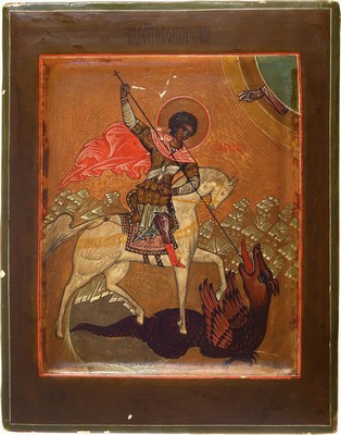 Ikone, Russland, um 1900, Hl. Georg tötet den Drachen, Tempera auf Holz, vertieftes Mittelfeld, ca. 23x18cm