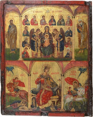 Große Ikone, Russland, 2. Hälfte 19. Jh., 6 Felder, Gottesmutter mit Kind umgeben von Heiligen, die Evangelisten Markus und Lukas, Hl. Katharina, ...