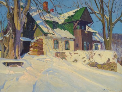 Artur Wasner, 1887 Mittel-Laczisk/ Oberschlesien-1938/39 Breslau, Blick auf ein verschneites Gutshaus, Öl/Lwd, rechts unten signiert und dat. 33, ...