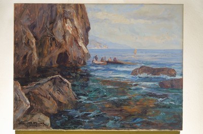 Albert Wenk, 1863 Brühl-1934 München, Felsige Küstenlandschaft mit Fischerboot, Öl/Lwd, links unten signiert: Albert Wenk München, ca. 60x80cm