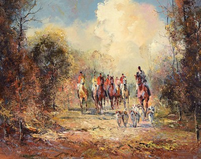 Ludwig Gschossmann, 1894 Straßburg - 1988 Tegernsee, Parforcejagd, Öl/Lwd, signiert, rückseitig bezeichnet: "Herbstlicher Ausritt m. ...