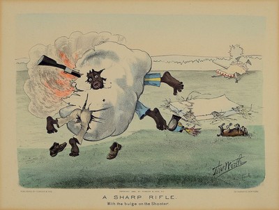 Currier & Ives, Naussau St. New York, 1882, zwei Lithographien nach Tho.Worth: A Sharpshooter With a bulge on Rifle, zwei sich aufeinander beziehende ...