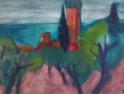 Herbert Beck, 1920 Leipzig, "südliche Landschaft", Aquarell/Papier, rückseitig auf Rahmen mit bezeichnetem Galerieetikett, re. u. ...