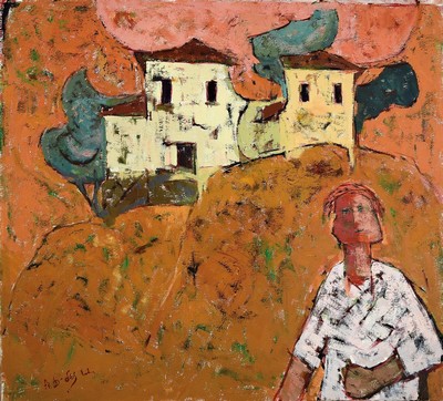 Apostolos Dedes, geb. 1937, griechischer Expressionist,Person vor Gebäuden, Acryl/Lwd/Hartfaser, links unten und rückseitig signiert, ca. 73x80cm