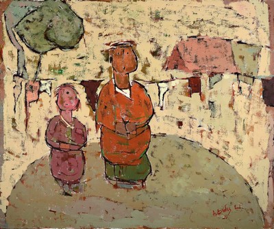 Apostolos Dedes, geb. 1937, griechischer Expressionist, Personen vor dem Dorf, Acryl/Lwd/Hartfaser, rechts unten signiert, ca. 73x86cm