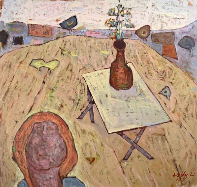 Apostolos Dedes, geb. 1937, griechischer Expressionist,Stillleben, Acryl/Lwd/ Hartfaser, signiert und dat. 83, ca. 77x81cm