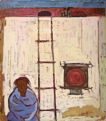 Apostolos Dedes, geb. 1937, griechischer Expressionist,Person vor einer Wand mit Leiter, Acryl/Lwd/Hartfaser, signiert rechts unten, ca. 87x76cm