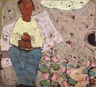 Apostolos Dedes, geb. 1937, griechischer Expressionist,Stillleben mit Person und Blumen, Acryl/Lwd/Hartfaser, rechts unten signiert und dat. 87, ca. ...