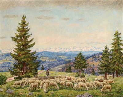 Erwin Pfefferle, 1880 Untermünstertal-1962, Studium an den Akademien München und Karlsruhe, hier: Schäfer mit seiner Herde in hügeliger ...
