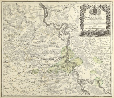Historische Landkarte von Worms, 1752, Territorium Wormatiensis, altkolorierter Kupferstich, N-Hechtsheim, G-Dossenheim, S-Mutterstadt, W-Gerbach, ...