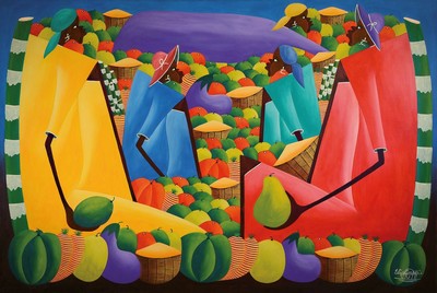 Jean Philippe Eliacin, zeitgenössischer Künstler aus Haiti, buntes Markttreiben, großformatiges Gemälde in Acryl auf Lwd, rechts unten signiert, ...