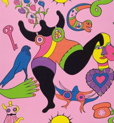 Niki, De Saint- Phalle, 1930-2002, "Nana", Farbsiebdruck auf Tapetenstück , PP, Blatt ca.57,5x53 cm, gesamt ca. 80x60 cm