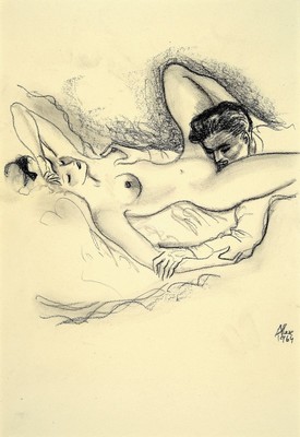 Alexander Szekely, 1901-1968, "La dolce Vita ", Kreidezeichnung, handsign., dat. 1964, PP, Motiv ca. 30x20 cm, gesamt ca. 49,5x39,5 cm
