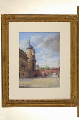 Karl Stauss, 1887 Heidelberg-1964 Würzburg, Pastell/Papier, Ansicht des Brückentors der Alten Brücke in Heidelberg, unter Glas gerahmt, ca. ...