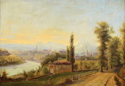 Unbekannter Romantiker, deutsch, um 1840, Weite Landschaft mit Alpen im Hintergrund, Personen auf einem Weg, Ruderer auf dem Fluss, Öl/Lwd, ...