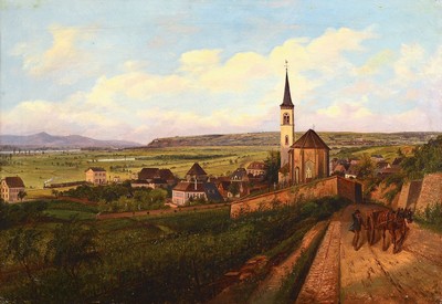 Monogrammist A.B., datiert 1856, Blick auf Laubenheim bei Mainz, im Hintergrund Bodenheim und Nackenheim, Öl/Lwd, mittig unten monogr. und dat., ca. ...