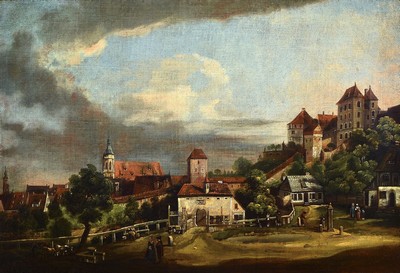Unbekannter Maler des späten 18. Jh., Blick auf Pirna bei Dresden mit Schloss Sonnenstein, nach Bellotto, Öl/Lwd, doubliert, ca. 45x66cm, R. ca. ...