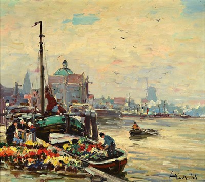 Harry Haerendel, 1896-1991, Holländische Hafenansicht, links vorne ein Blumenmarkt, Öl/Lwd, rechts unten signiert. ca. 70x80cm, R. ca. 83x93cm