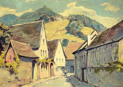 Karl Graf, 1902-1986 Speyer, Blick in die Straßenflucht von Leinsweiler, im Hintergrund der Slevogthof, rechts unten signiert u. bez., Alterssp., ...