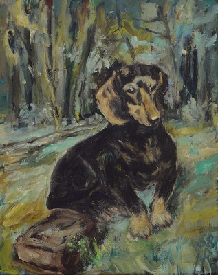 Heinz Reiss, 1923-2012 Haßloch, Sitzender Dackel im Garten, Öl/Lwd, rechts unten monogr. und dat. 68, ca. 50x40cm, R. ca. 59x49cm 0