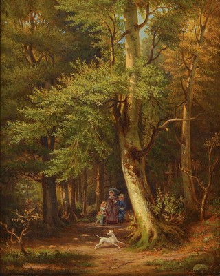 Ferdinand Liebsch, 1816 Hannover-1905 ebenda, Mutter mit zwei Kindern und einem Hund beim Waldspaziergang, Öl/Lwd, links unten signiert und dat. ...