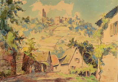 Karl Graf, 1902-1986 Speyer, Blick auf die Limburg, Aquarell, rechts unten signiert, ca. 38x54cm, PP, u.Gl., R. ca. 53x68cm