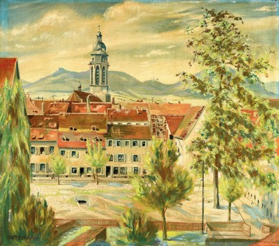 Karl Josef Kappelhöfer, geb. 1871 Frankenthal, Blick auf Landau in der Pfalz, im Hintergrund die Stiftskirche, vorne der Weißquartierplatz, ...