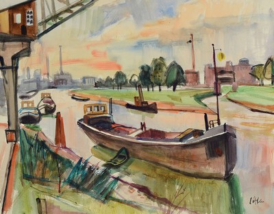 Paul Löffler, 1938-1995 Mannheim, Lastkähne unterm Kran, Aquarell auf Papier, rechts unten signiert, ca. 46x60cm, PP, u.Gl., R. ca. 67x77cm