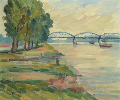 Irene Wagner, 1932 Kaiserslautern-2006, Schülerin von Philipp Steinmetz, hier: Brücke über den Fluss, Öl/Lwd, links unten signiert und dat. 1973, ...