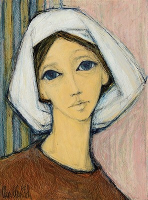 Christel Abresch, 1931 Sulzbach-2011 Neustadt, Porträt einer Frau mit Haube, Öl/Malkarton,signiert, ca. 55x40cm, R. ca. 75x61cm