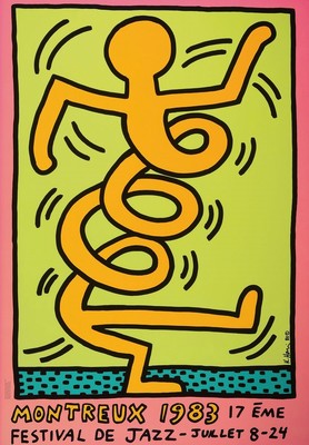Keith Haring, 1958-1990, Jazz Festival 1983, Farboffset, seitlich recht handsign., dat. 83, unter Glas gerahmt, gesamt ca. 107x76cm, Rahmen mit ...