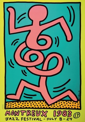 Keith Haring, 1958-1990, Jazz Festival 1983, Farboffset, seitlich recht handsign., dat. 83, unter Glas gerahmt, gesamt ca. 107x76cm, R. mit gebrsp.