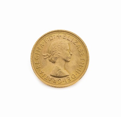 Goldmünze, Sovereign, Großbritannien, 1967, Elizabeth II., RV: Heiliger Georg hoch zu Rossim Kampf mit dem Drachen