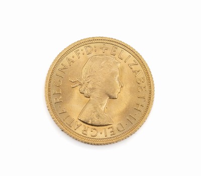 Goldmünze, Sovereign, Großbritannien, 1968, Elizabeth II., RV: Heiliger Georg hoch zu Rossim Kampf mit dem Drachen