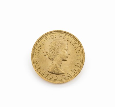 Goldmünze, Sovereign, Großbritannien, 1964, Elizabeth II., RV: Heiliger Georg hoch zu Rossim Kampf mit dem Drachen