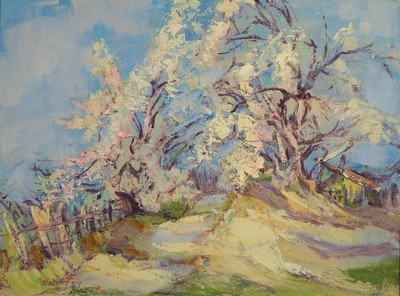 Hanns Fay, 1888 Frankenthal - 1957 Neustadt a.d. Weinstraße, Pfälzer Mandelblüte entlangeines Weges in der Pfalz, hervorragende Wiedergabe der ...