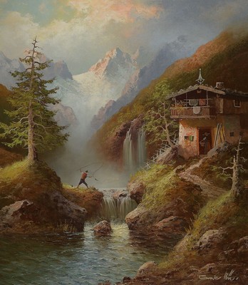 Guwe = Gustav Weiss, 1886-1973, Wasserfälle im Piztal mit Angler, Öl/Lwd, rechts unten signiert, rückseitig betitelt und nochmals signiert, ca. ...