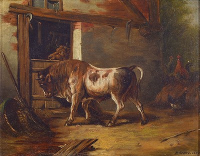 R. Senss, datiert 1887, Stier vor dem Stall,Öl/Holz, rechts unten signiert und dat., ca. 20x27cm, R. ca. 26x32cm