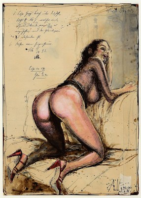 Andreas Noßmann, geb. 1962, Federzeichnung und Aquarell und Farbstift auf antikem Papier, handsign,. dat. 07.06.2021, Werksverzeichnis: DVZ 1493, ...