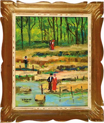 Boris Pavlov, 1928-2002, "Kleiner Bergfluss aus dem Voralpen Nähe Dijon mit geringem Wasserstand", Öl/Holzplatte, handsign., 1980, ...