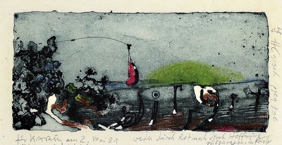 Horst Janssen, 1929-1995, Aquarell über Radierung, rechts seitlich handsign., dat. 2.5.81, zusätzlich gewidmet, unter Glas gerahmt, ca. 32x41 cm