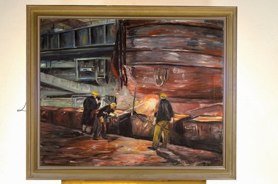 H. Druon, ungedeuteter Künstler des 20.Jh., drei Hüttenarbeiter an einem großen Industrieschmelzofen, Wiedergabe des koloristischen Kontrasts ...