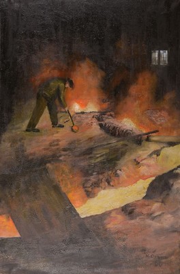 H. Druon, ungedeuteter Künstler des 20.Jh., großformatige Darstellung eines Hüttenarbeiters in der Gießerei, eindringliche Schilderung des ...