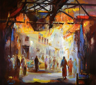 Abbas Al-Mosawi, geb. 1952, Acryl/Lwd, Szene auf einem arabischen Markt (Souk), handsign., dat. 2018, ca. 145x145cm, der Künstler Abbas ...