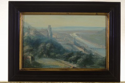 J. Nebel o.ä., Maler der 2. Hälfte des 19. Jh., Blick auf das Heidelberger Schloß und die darunter liegende Stadt, Öl/Holz, links unten schwer ...