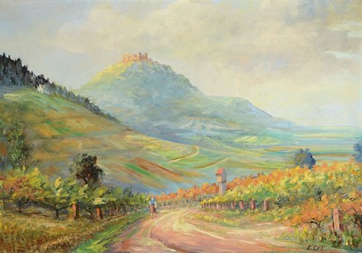 Eduard Opp, Maler aus Landau/Pfalz, Südpfälzer Landschaft mit Burg im Hintergrund, Öl/Lwd, rechts unten signiert, ca. 50x70cm, R. ca. 59x79cm