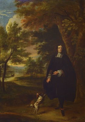 Niederländischer Meister, Umkreis Hendrick Danckerts (ca. 1625-1680), Ganzporträt eines Mannes mit Hund vor Baum bestandener Landschaft, Öl/Lwd, ...